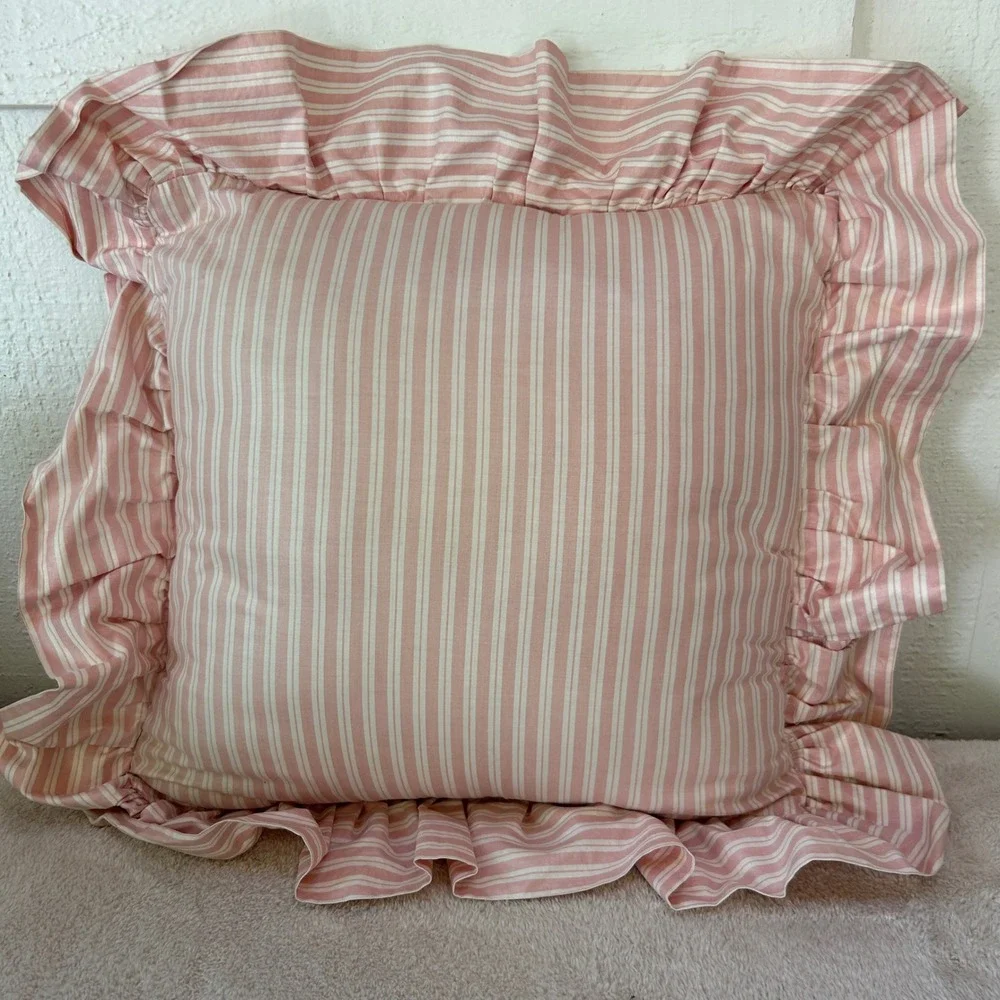 Vintage Pink White Ticking Stripe Ruffle Throw Pillow Cottagecore Farmhouse 16in